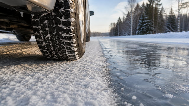 圧雪路と凍結路でタイヤの効き方が変わるイメージ