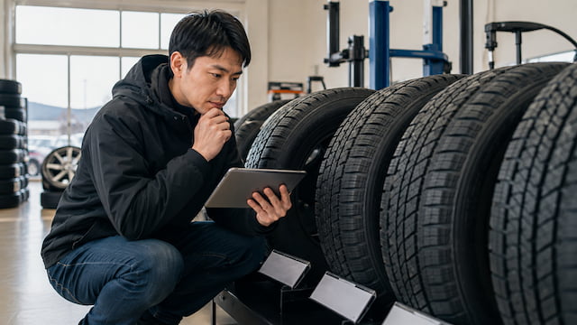 価格と冬道性能を比較してスタッドレスタイヤを選ぶイメージ