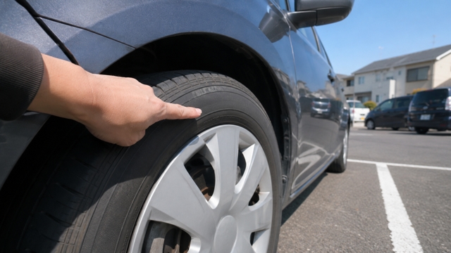 コンパクトカーのタイヤ側面にあるサイズ表記を確認するイメージ