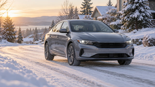 雪道を走る車とスタッドレスタイヤの評判を検討するイメージ